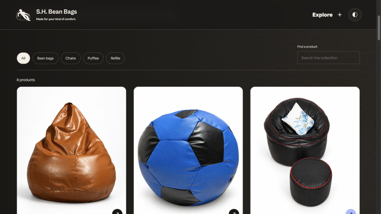 The same S.H. Bean Bags catalogue in dark theme with adapted text, background and navigation