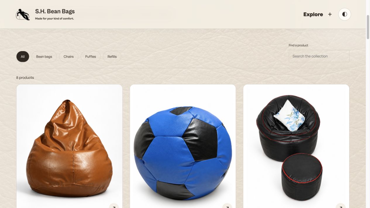 S.H. Bean Bags catalogue in light theme, showing product filters, search and bean bag images