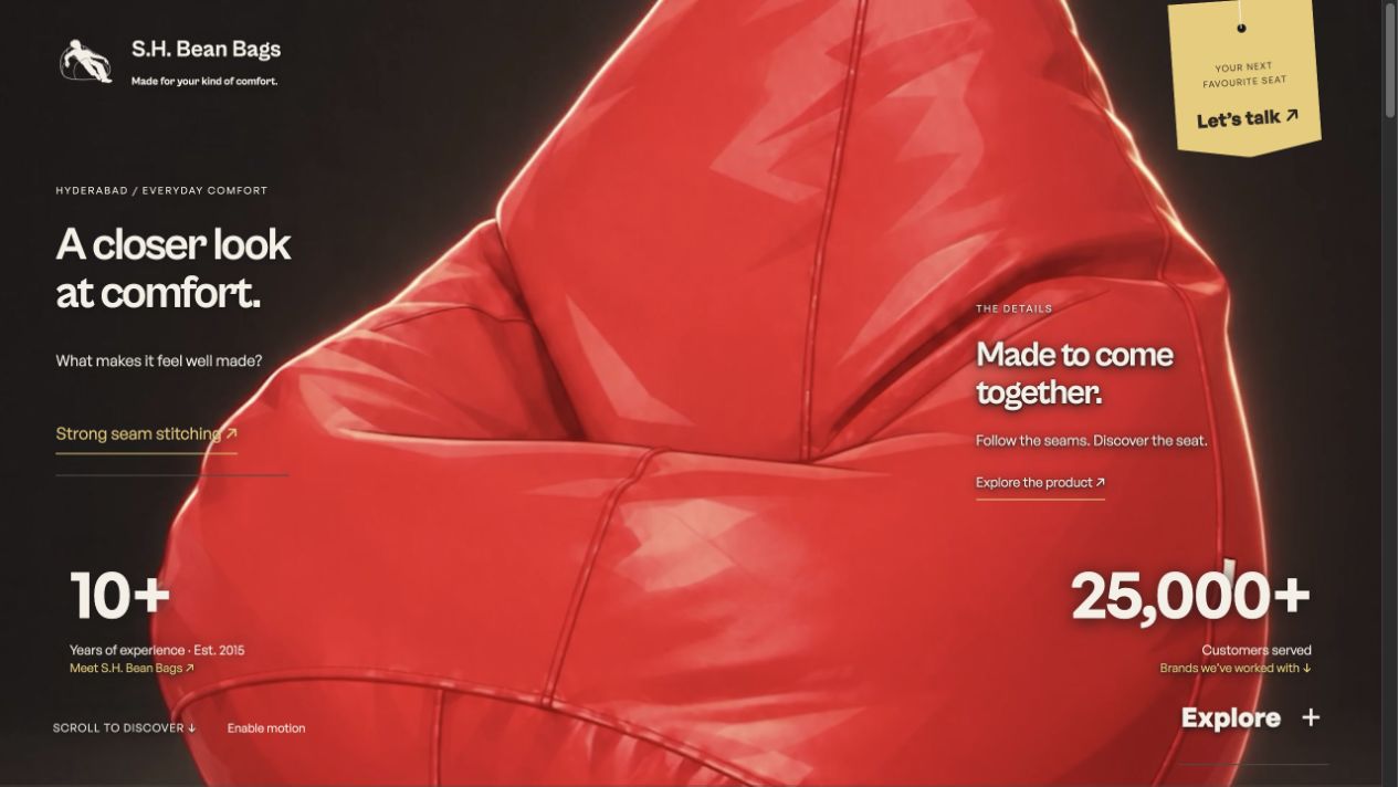 S.H. Bean Bags immersive website homepage